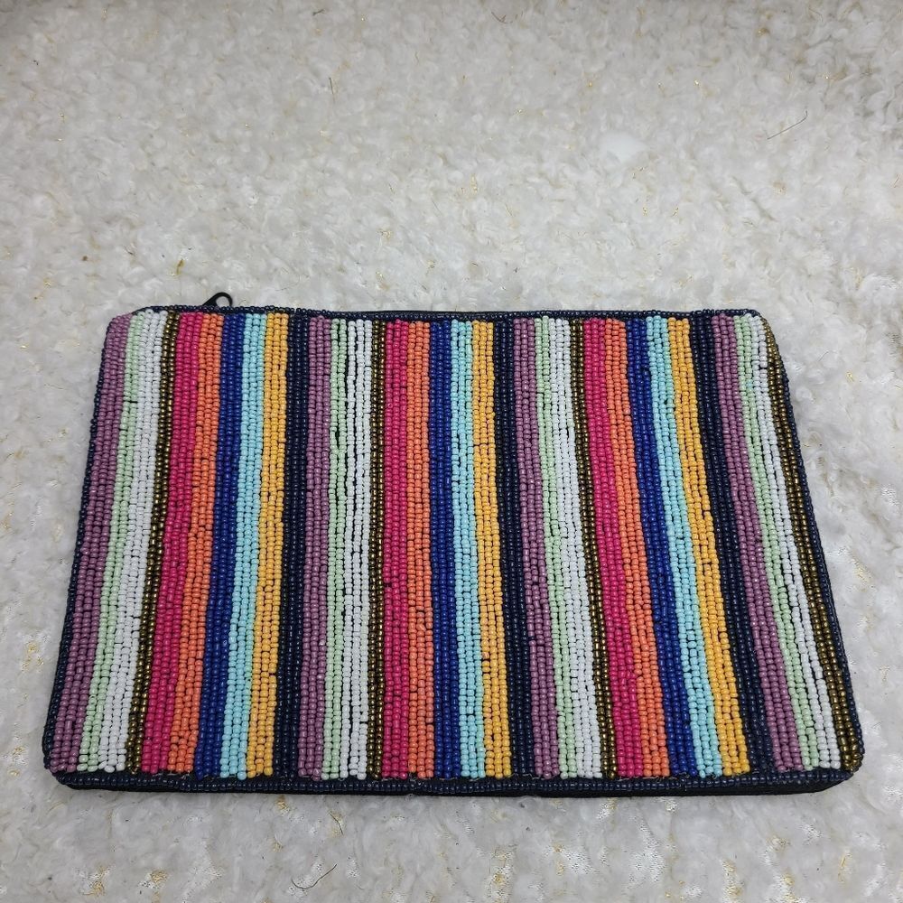Ink + Alloy Thin Stripe Multi Color Rainbow Seed Bead Clutch Bag‎